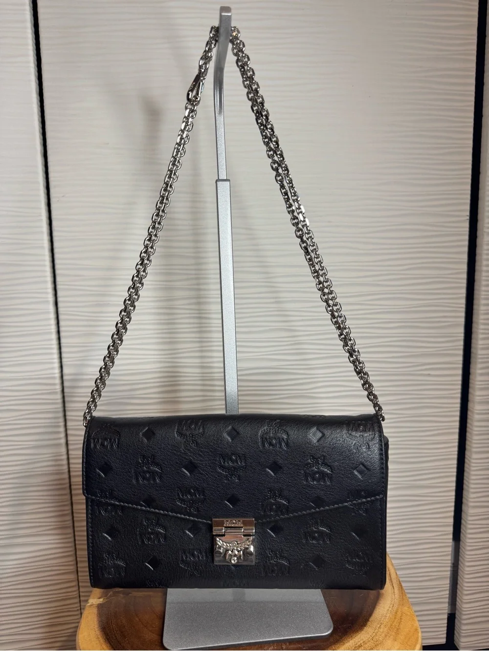 MCM Millie in Visetos Black Embossed Leather with Chain Shoulder /Crossbody bag